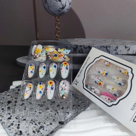 Wild Flower Acrylic Medium Almond Fake Nail Green Leaves Press on Nails 24Pcs Glossy Brown French False Nails Summer Flowers Stick on Fingernails Leaf Gel Glue on Nail for Coquette Women Girls