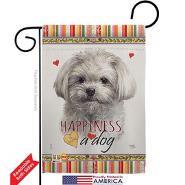 Cute Maltese Happiness Garden Flag Set with Stand Animals Dog Puppy Spoiled Paw Canine Fur Pet Nature Farm Animal Creature Small Decorative Gift Yard House Banner Double-Sided Made In USA 13 X 18.5