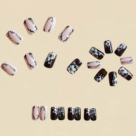 24Pcs Press on Nails Short Square LINMEIZAI with Timeless White Floral Fake Nails Press Ons Nail Glue on Nails Stick on Nails Acrylic Nail Tips Kit False Nails Stickers Nail Art for Women Manicure