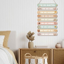MONALET Boho Inspirational Motivational Wall Art Decor for Girls Room Nursery Baby Kids Playroom Bedroom Door, Bohemian Positive Affirmations Hanging Wood Signs Decorations, Girly Wooden Plaque, 12x19in