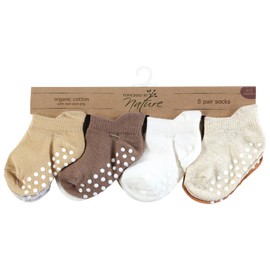 Touched by Nature Baby Unisex Organic Cotton Socks with Non-Skid Gripper for Fall Resistance, Beige Neutral, 6-12 Months, Brown