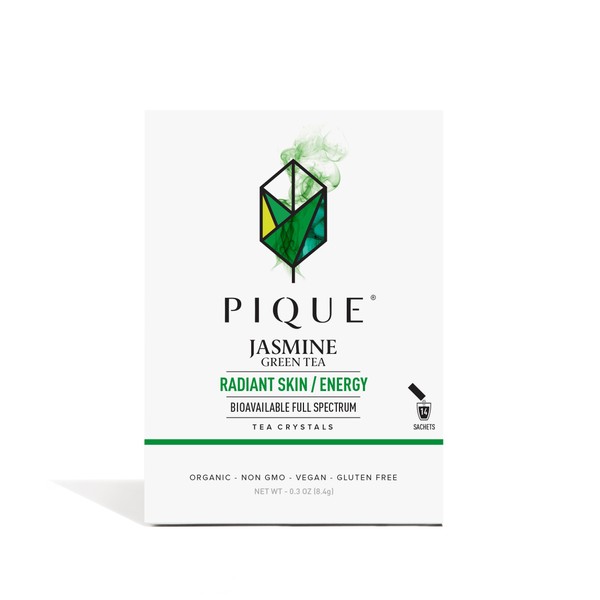 Pique Organic Jasmine Green Tea Crystals - Vitalizing Antioxidants for Immune Support, Radiant Skin, Calm Energy, Fresh Aroma Jasmine Petals - 14 Single Serve Sticks (Pack of 1)