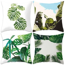 Betadistor Tropical Leaves Cushion Covers 45 x 45 cm Green Leaf Decorative Throw Pillow Covers Pillowcases for Sofa Patio Outdoor Home Decor Set of 4, Tropical Leaves, 504-0072