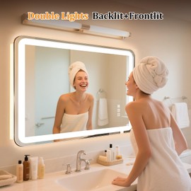 24"x32" LED Bathroom Mirror with Lights, Front and Backlit, Stepless Dimmable, Lighted Mirror for Bathroom Wall, 3 Colors Dimmable Lighted Bathroom Vanity Mirror, Anti-Fog, Shatter-Proof Glass(Round)
