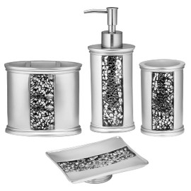Zahari Home 4pc Sinatra Stylish Bathroom Accessories Set Liquid Soap Dispenser, Tumbler, Tooth Brush Holder and Soap Dish Modern Classic Luxury Decor Bling Mosaic Glass Silver Bathroom Accessories