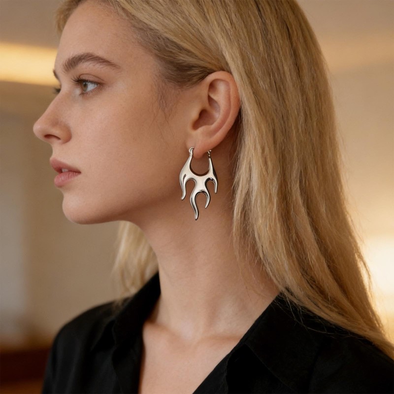 Sttiafay Punk Flame Hoop Earrings Silver Fire Flame Dangle Earrings