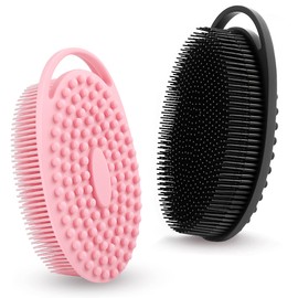Soft Silicone Body Scrubber Loofah - 2 Pack Gentle Loofah Alternative, Fast-Drying, Hygienic Shower Brush Body Wash Scrubber for Sensitive Skin, Lather Well, Easy to Clean, Black and Pink