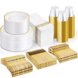 NOCCUR 700PCS Gold Disposable Dinnerware Set for 100 Guests - Plastic Plates for Party - Include 200 Gold Dinner/Dessert Plates, 100 Napkins, 100 Cups, 300 Plastic Silverware - Ideal for Wedding&Party
