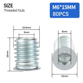 Einschraubmutter M6x15mm Einschraubmuffen Gewindeeinsatz Holz 80 Stück Einschraubmuttern Gewindeeinsätze M6 Verzinkter Einschraubhülse Einschraubgewinde Muttern für Holzmöbel