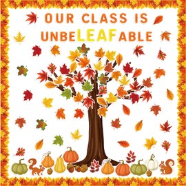 Haooryx 149Pcs Fall Autumn Unbeleafable Artificial Leaves Cutouts Bulletin Board Decoration Set, Fall Leaves Pumpkin Paper Patterned Cut-Outs for Autumn Classroom Blackboard Whiteboard Wall Decor
