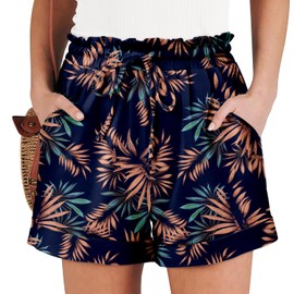 Angerella Women's BlueLeaves Floral Print Casual Shorts with 2 Pockets and Drawstring Closure - Mid Rise - Size L - Short Length