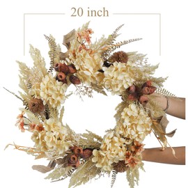 BINFEN 20 Inch Fall Wreaths for Front Door, Boho Front Door Wreath, Fake Dried Hydrangea Flowers, Burlap, Pampas Fall Decorations for Home Farmhouse Thanksgiving Harvest