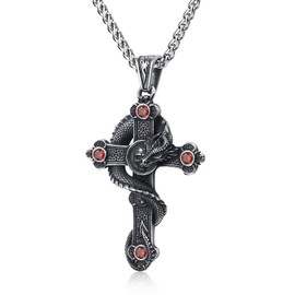 KIRTIJW Skull Cross Necklace Stainless Steel Gothic Biker Dragon Skull Pendant Necklace Jewelry for Men 60cm