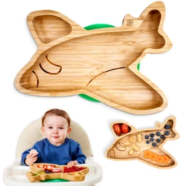 Bamboo Divided Suction Plate Baby - Strong Suction Toddler Plates - Non-Toxic All Natural Eco Friendly Materials - Plane