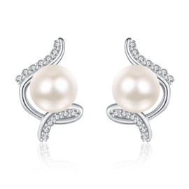 KINGWHYTE Pearl Earrings for Women 925 Sterling Silver 6 mm Freshwater Pearl Stud Earrings White Earrings for Women Pearl Jewellery Birthday Gifts, Sterling Silver, Pearl