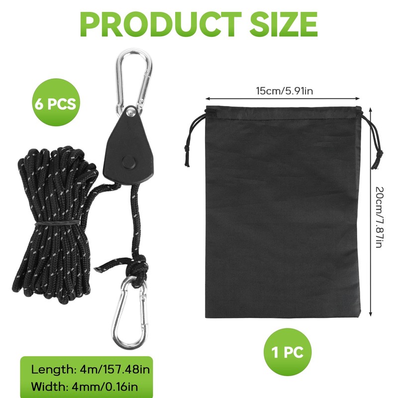 6 Pcs Tent Guy Ropes, 4 m×4 mm, Reflective, Nylon,