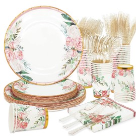 Floral Party Supplies bridal shower paper plates and Napkins Sets for 24 Guest-Floral Party Disposable Paper Dinner Plates,Cups,Knives, Spoons, Forks, for Baby Shower Birthday Bridal Shower Tea Party