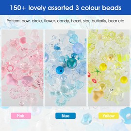 150~210PCS Acrylic Cute Assorted Beads for Jewelry Making, Pastel Beads Cute Charms for Bracelets, Aesthetic Beads Flower Star Acrylic Beads for Bracelets Jewelry Making DIY Crafts (Pink Blue Yellow)