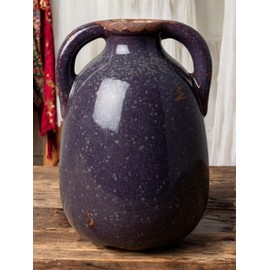 Decorative Stoneware Vase, Double Handles, Purple, 12 cm Height, Antique Style,