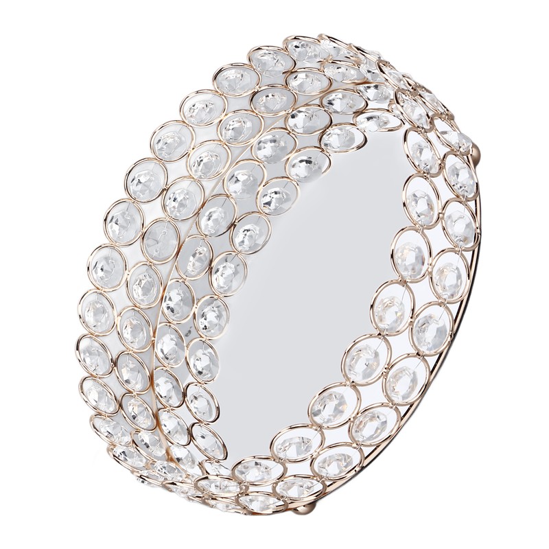 Crystal Cosmetic Makeup Tray 8in Round Display Tray Mirrored Metal