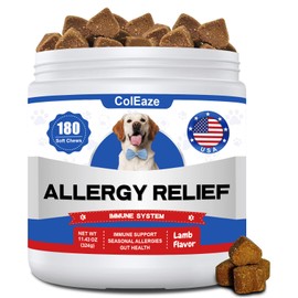 Dog Allergy Chews 180PCS Omega 3 Fish Oil Anti-Itch Treats Skin & Coat Supplement with Colostrum Probiotics Dog Itching Skin Relief Dry Skin Itchy Licking Seasonal Allergies Immune Support
