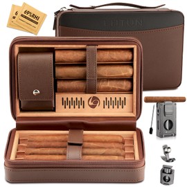 LIHTUN Cigar Humidor, Leather Cedar Wood Travel Cigar Case and Multifunctional in 1 Cigar Lighter Set Portable Travel Humidor Box with 2 Humidity Packs Cigar Gift for Men (Brown)