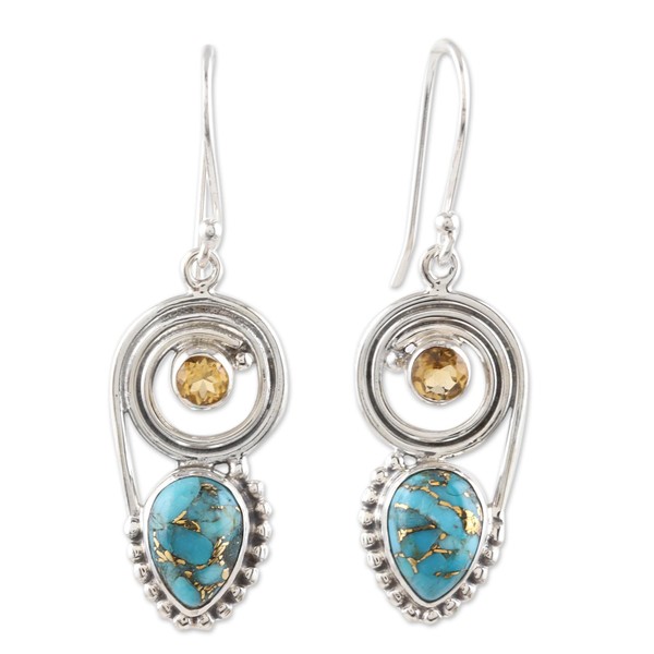 NOVICA Artisan Handmade Citrine Composite Turquoise Dangle Earrings Sterling Silver