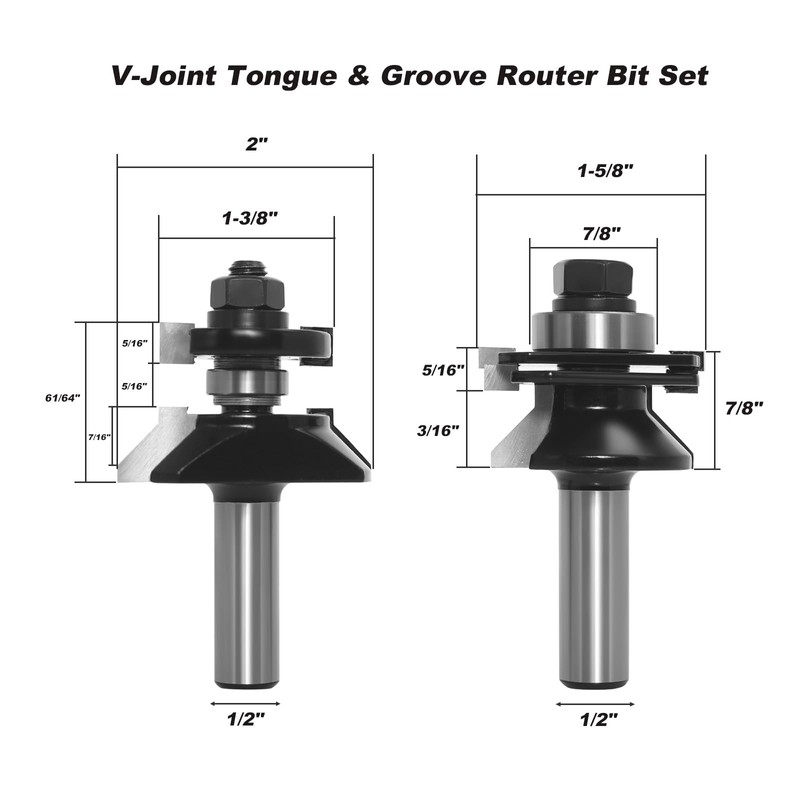 SICWOOD 2pcs V-Joint Tongue & Groove Bit Set 1/2 Shank,