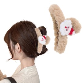 fdsmall Christmas Plush Hair Clips for Women Cute White Khaki Santa Claus Exquisite Claw Clips Large Hair Jaw Clamp Xmas Accessories Headdress Hairpin for Thick Hair (01, One Size)