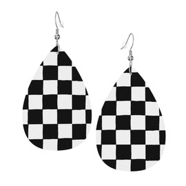 Faux Leather Earrings Checkerboard Black White Teardrop Dangle Earrings Jewelry For Women