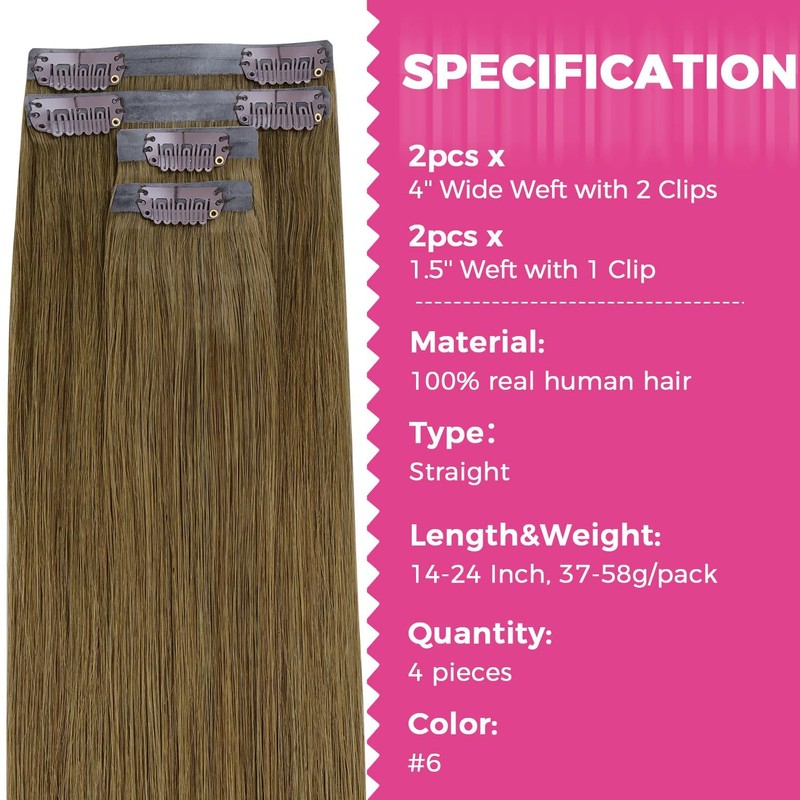 Lashey Clip in Hair Extensions, 4pcs 58g Medium Brown Seamless