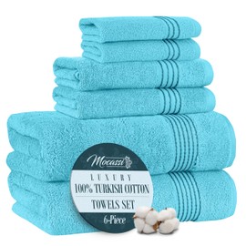 Mocassi Luxury 100% Turkish Cotton 6-Piece Towel Set - Ultra Soft, Quick Dry Highly Absorbent Premium Spa Hotel Quality Bath Towels, Includes 2 Bath Towels, 2 Hand Towels and 2 Washcloths, Aqua