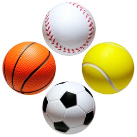 deloono Stress Ball in Sports Ball Design, 6.35 cm Stress Balls with Different Hardness Levels, Stress Relief, Ideal as a Small Gift for the Office or Children's Birthday Parties - Pack of 4, Sports
