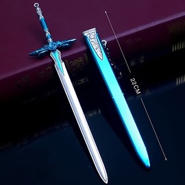 Sword Art Online Keychain, SAO Euzio Blue Sword Single Hand Sword Pendant Keyring SAO Couple Keychain, Blue metal color