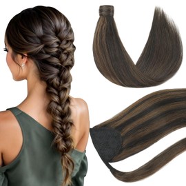 Youngsmile Ponytail Extension Human Hair Color 1B Natural Black mixed 4 Medium Brown 18 Inch 80g Ponytail Hair Extension Straight Wrap Around Hairpieces (PT#1BP4-18Inch)
