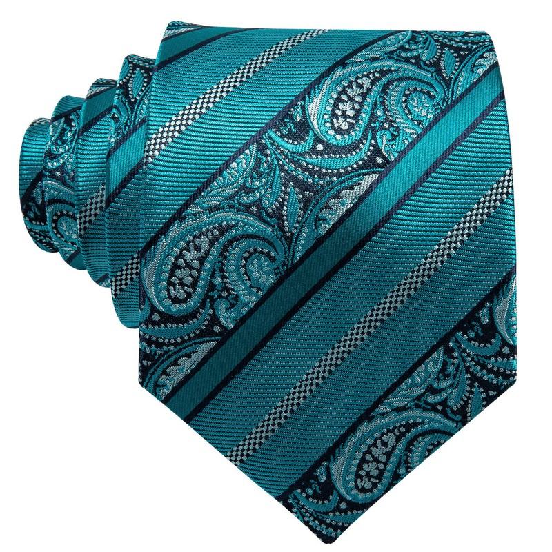 Barry.Wang Men Ties Silk Teal Paisley Necktie Set Handkerchief Cufflinks