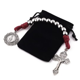 Luomu Rosario de bolsillo estilo abierto de una década de acero inoxidable católico con crucifijo medalla de San Benito con bolsa de regalo, Sin piedra preciosa, Rojo- Virgen María