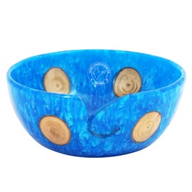 Hind Handicrafts Antique Resin Teak Sliced Log Wooden Portable Yarn Storage Bowl - Solid Dark Handmade Crafted - Holder for Knitting Crochet Hook Accessories (6" x 6" x 3", Blue)