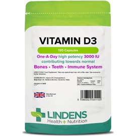 Lindens Vitamin D3 3000IU - 120 Capsules - High-Potency - 1500% NRV - Contributes to Normal Bones, Teeth & Immune System - 4 Months Supply - GMP & Letterbox Friendly - UK Made
