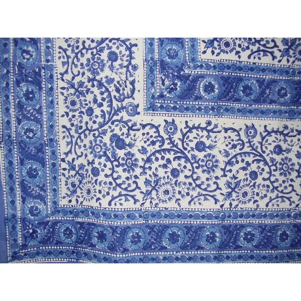 HOMESTEAD Rajasthan Block Print Cotton Tablecloth 90" x 60" Blue