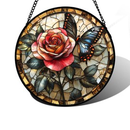 DASTOLL Stained Glass Window Hanging, Red Rose Black Butterfly Suncatcher for Doors Home Sun Catchers Decoration and Christmas, Mother's Day Birthday Gifts for Women, Men, and Mom 9.8 in