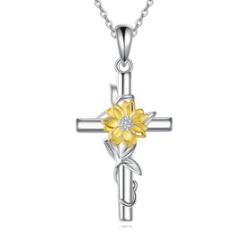 VONALA Cross Sunflower Necklace 925 Sterling Silver Dainty Sunshine Pendant Jewelry Gift for Women