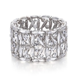 BriLove Wedding Bridal Bracelet for Brides, Marquise Rhinestones Cluster Stretch Bangle for Women Clear Silver-Tone