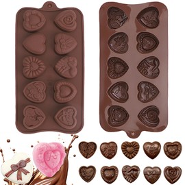 Suuker Heart Chocolate Molds 2 Pack, 10-Design Hearts Molds Rose Mold Silicone, Non-stick Silicone Candy Mold for DIY Chocolate, Candy, Gummy, Ice Cubes