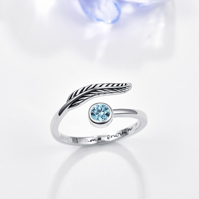 Birthstone Adjustable Open Feather Ring 925 Sterling Silver Birth Stone