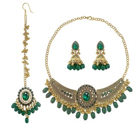 Traditional Maang Tikka with Kundan Necklace Earrings Jewelry Set Ethnic Crystal Jhumka Earring Wedding Jewelry for Women Boho Outfit Pendent Choker Necklace Bridal Party Dance Hair Accessories (Green)