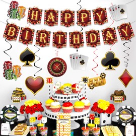 SKIRUP Casino Theme Party Decorations Hanging Swirl Casino Birthday Banner Red Black Poker Paper Party Ceiling for Casino Night Baby Shower Birthday Party Supplies Decor Supplies