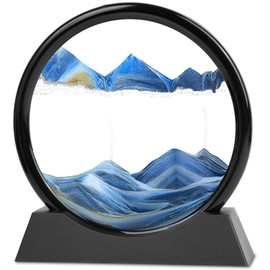 Moving Sand Art, 3D Liquid Motion Deep Sea Sandscape Color Quicksand Decor, Round Glass Flowing Sand Art Sandscapes Picture, Relaxing Desktop Home Office Work Decor, 7 inch Blue