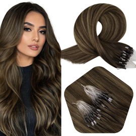 Full Shine Micro Link Remy Human Hair Extensions with Microbeads and Transparent Fish Line Color 2 Dark Brown Fading to 8 Ash Brown Lowlighted 2 Microlink Hair Extensions 18 Inch