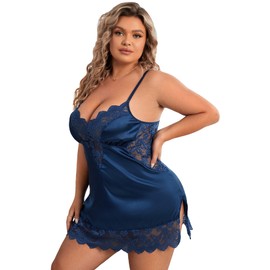 OYOANGLE - Camisón de satén de 2 piezas con ribete de encaje y dobladillo dividido para mujer, Azul marino, XXL Más